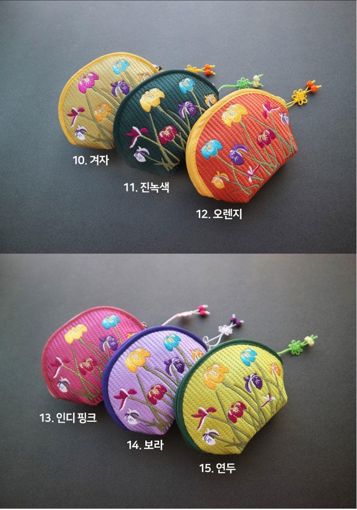 Korean traditional Quilt halfmoon Coin purse Ramie Flower embroidery